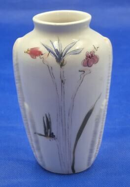 Vintage Barbara Baatz Signed Ceramic Vase Handpainted Florals on White 6" Tall